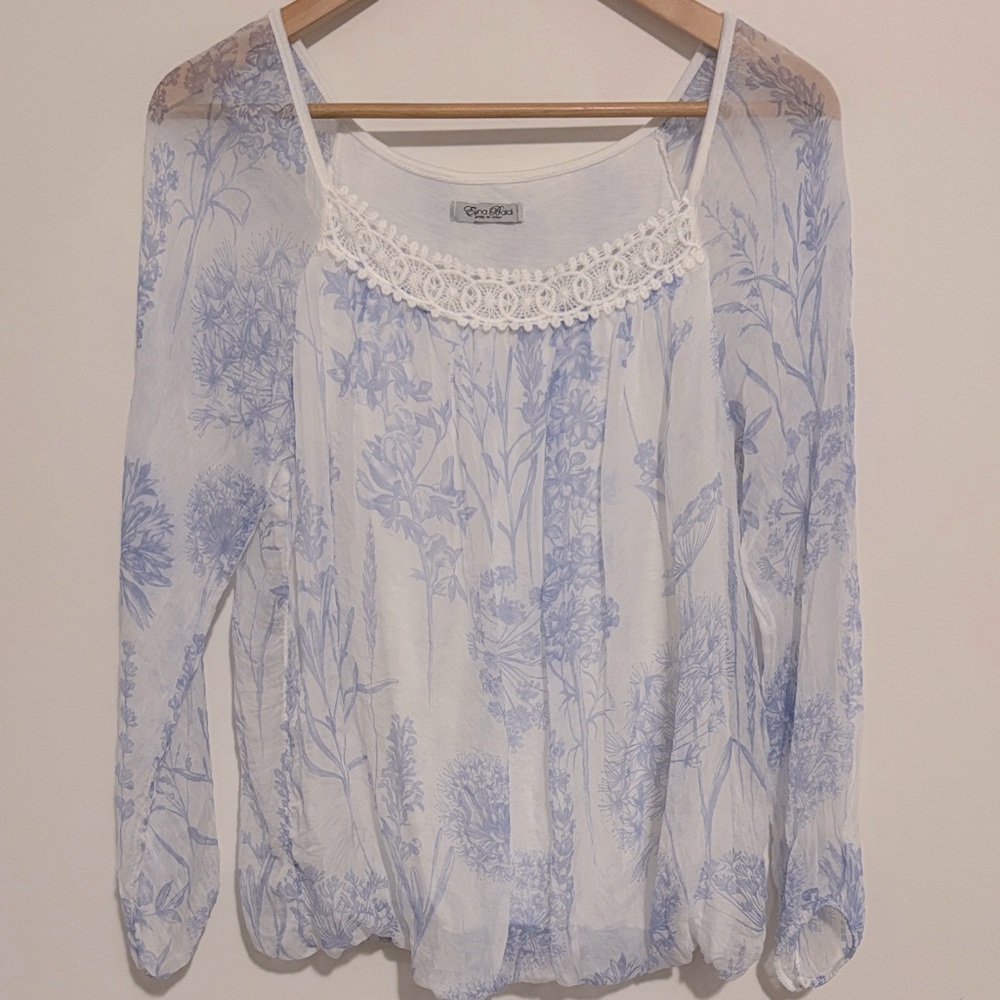 Elena Baldi Made in Italy White and Blue Floral Silk Blouse